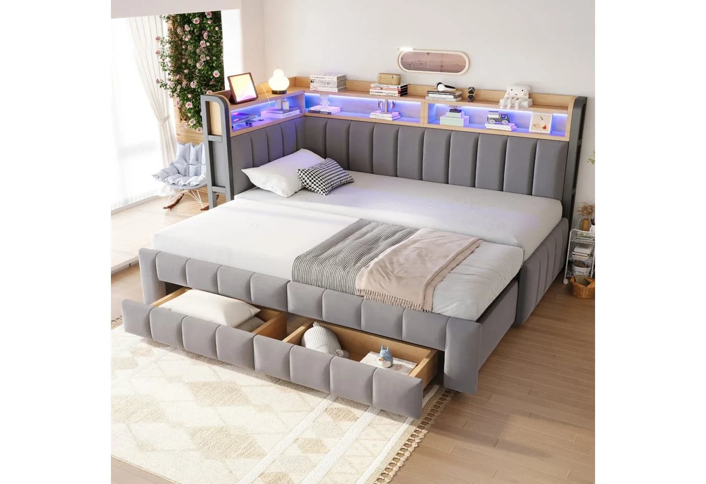 REDOM Schlafsofa Beige Samt mit LED, USB & Stauraum
