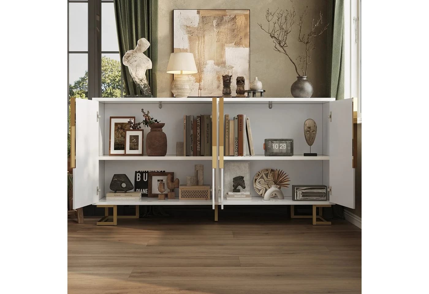 HAUSS SPOLE Sideboard Weiß Geometrisches Design Goldene Akzente