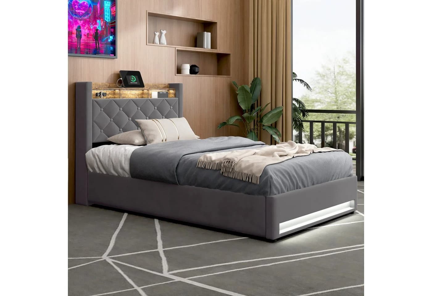 HAUSS SPOLE Polsterbett 90x200cm mit Matratze und USB, LED Metallrahmen, Beige