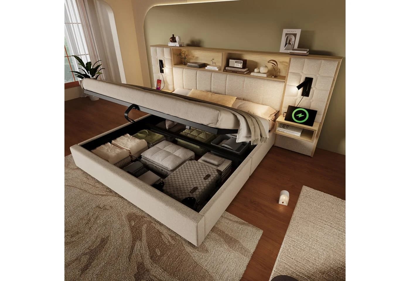 HAUSS SPOLE Polsterbett Beige Vintage mit Bettkasten & USB