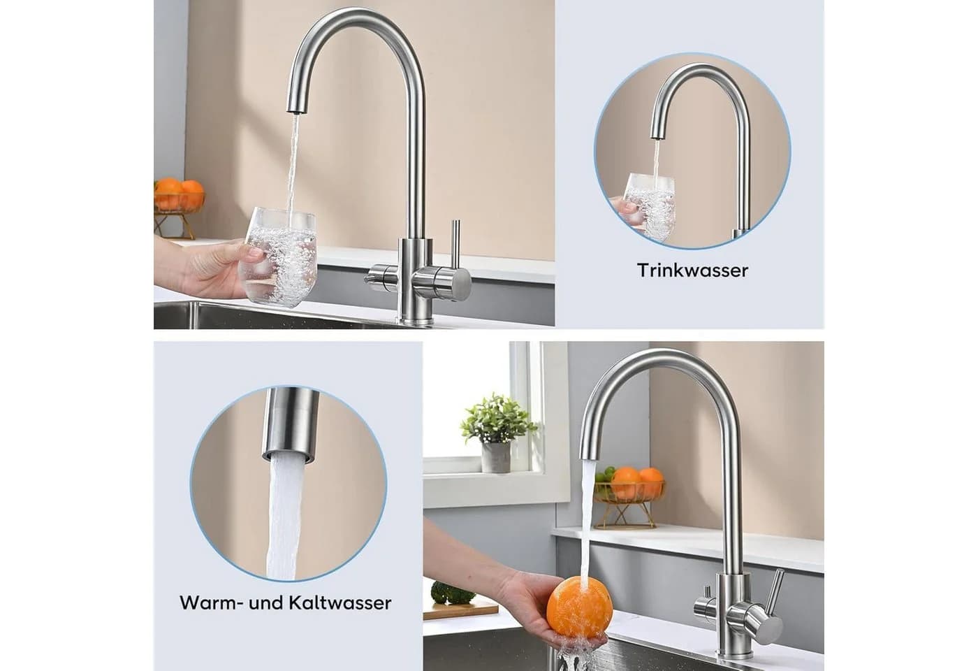 LuxusKollektion 3-Wege Küchenarmatur mit Wasserfilter 304 Edelstahl