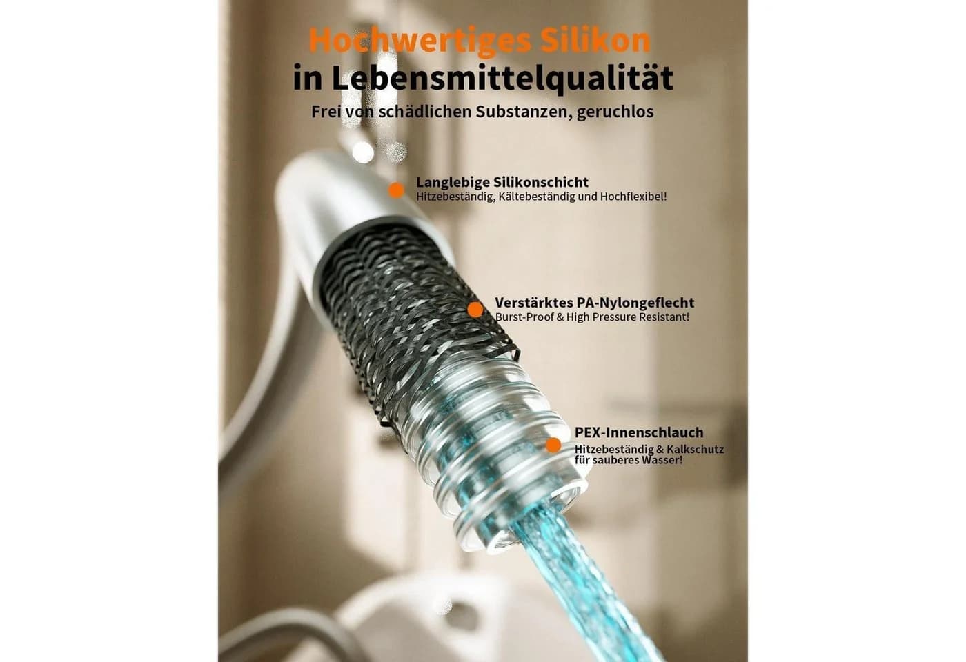 LuxusKollektion Brauseschlauch 2m Silikon Verdrehschutz Silber Chrom