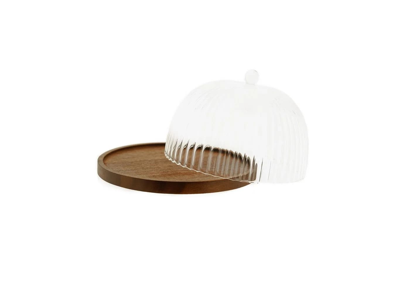 Almina Servierglocke mit Holzteller Glas Naturholz