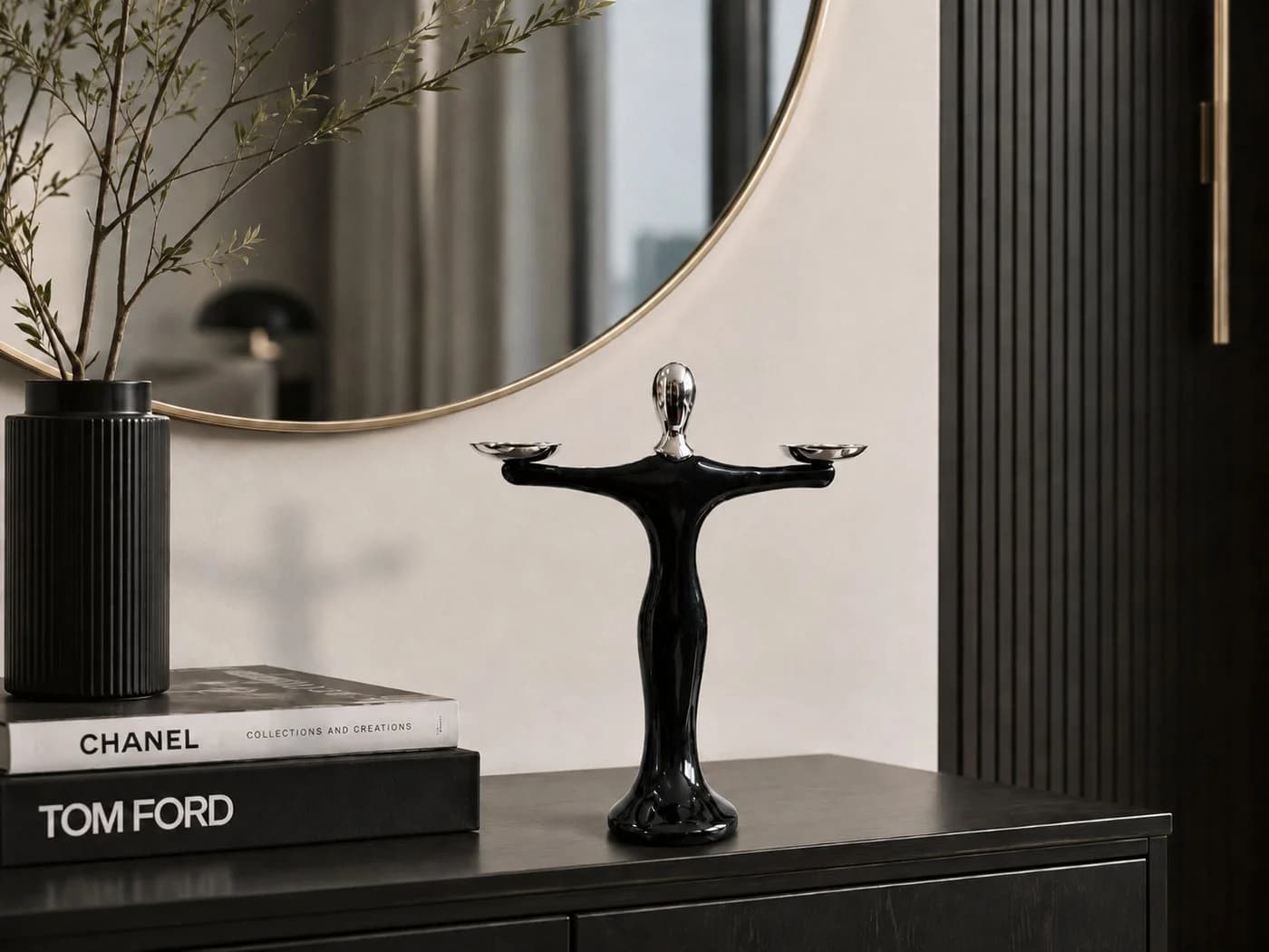 JVmoebel Dekofigur Schwarze Balance Skulptur Silber Modern