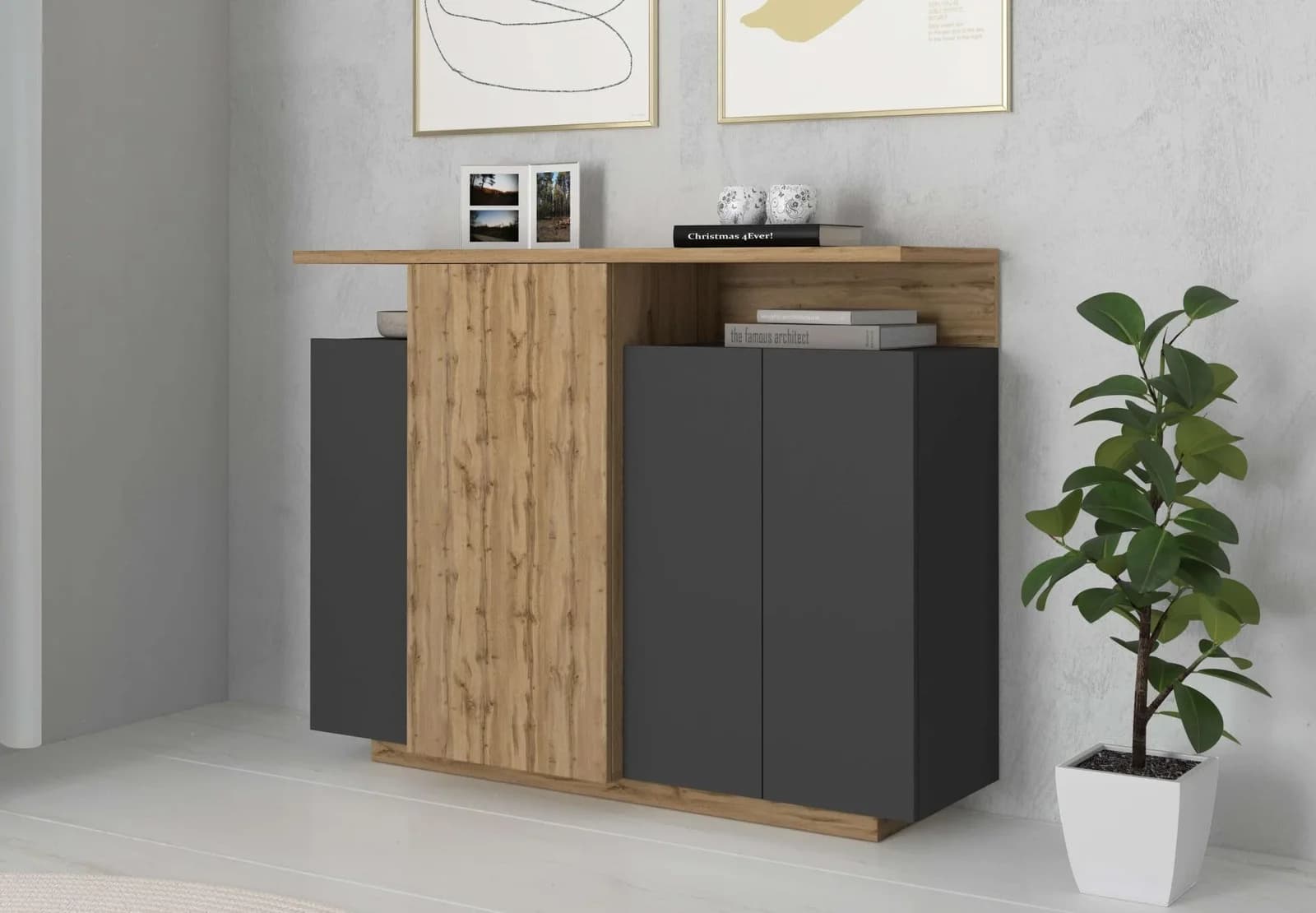 OTTO HOME Highboard ETHOS Sideboard 130cm Eiche Wotan/Anthrazit