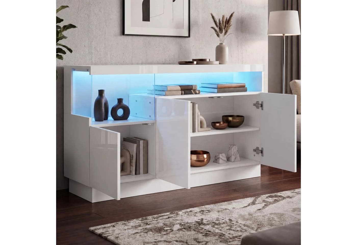 Merax Sideboard Hochglanz Weiß mit LED & App-Steuerung