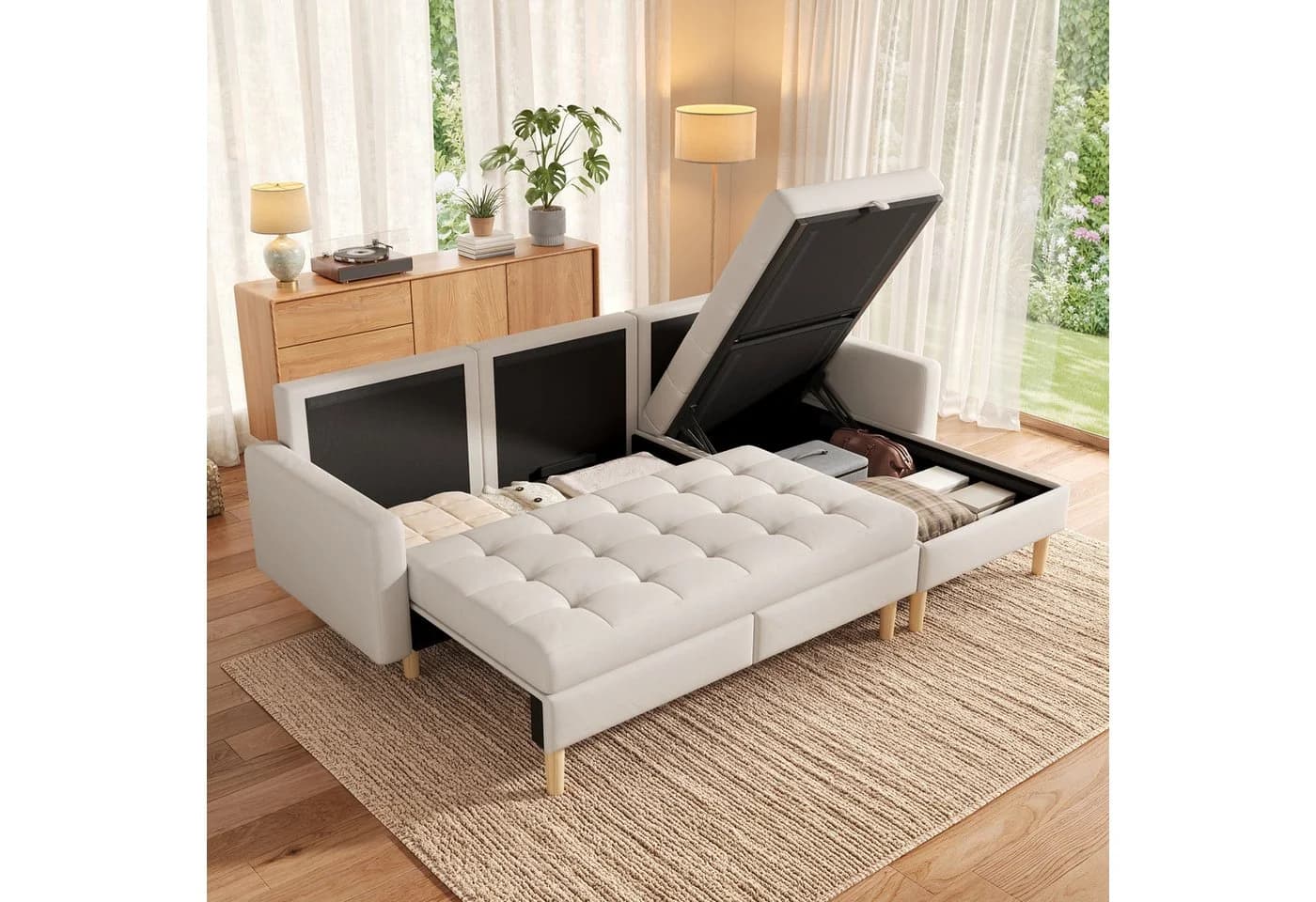 Merax Ecksofa mit Stauraum & Schlaffunktion Beige/Grau