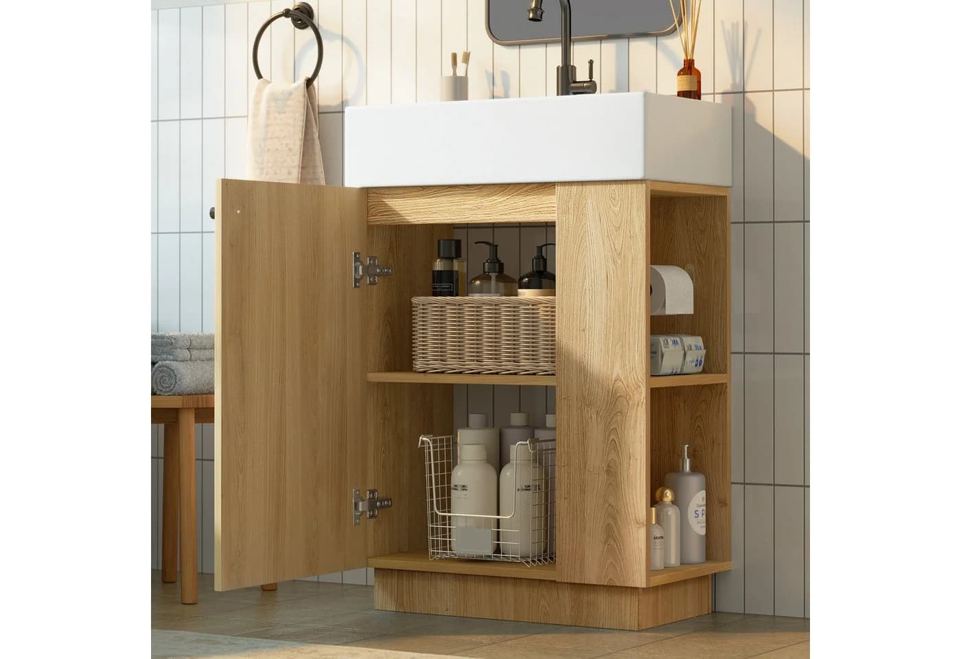 Merax Waschtisch mit Keramikwaschbecken, geriffelte Holzoptik, Soft-Close Tür