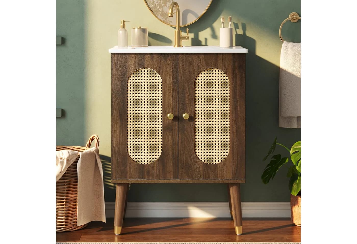 Merax Waschtischunterschrank mit Keramikbecken Rattan Holzoptik