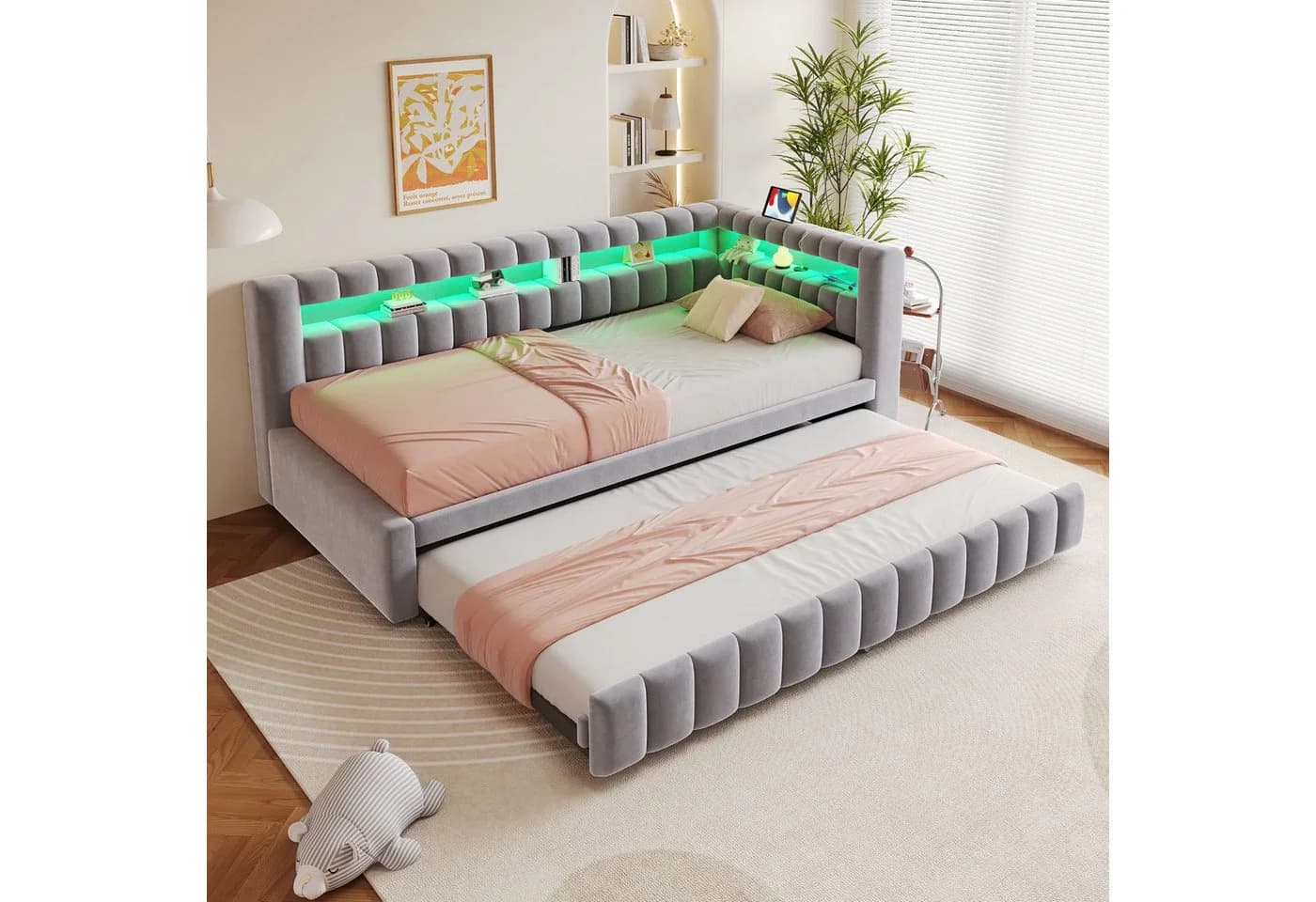 Merax Polsterbett 90x200 cm mit Ausziehbett, LED und USB-C