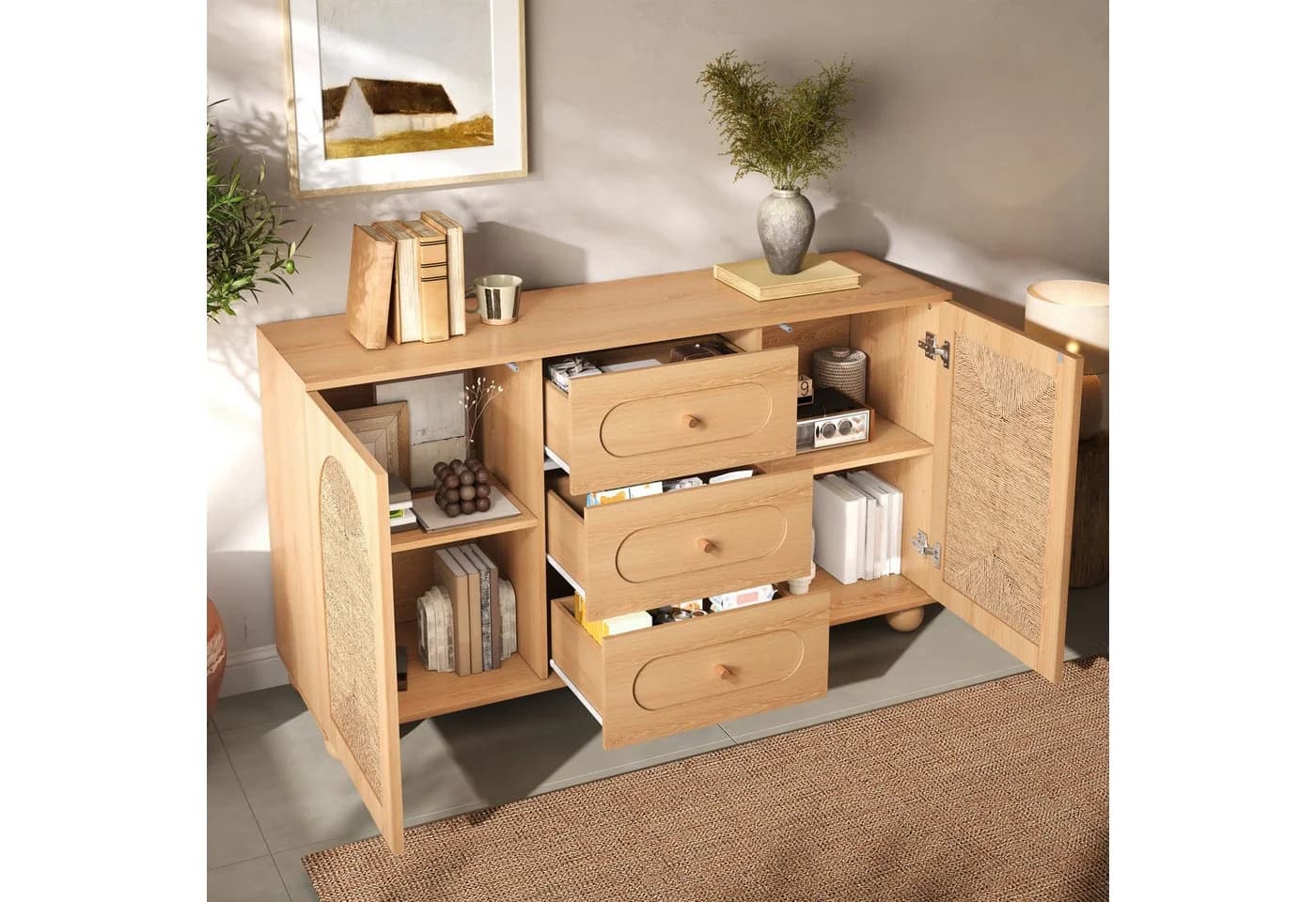 Merax Sideboard mit Seilgeflecht-Türen und Schubladen