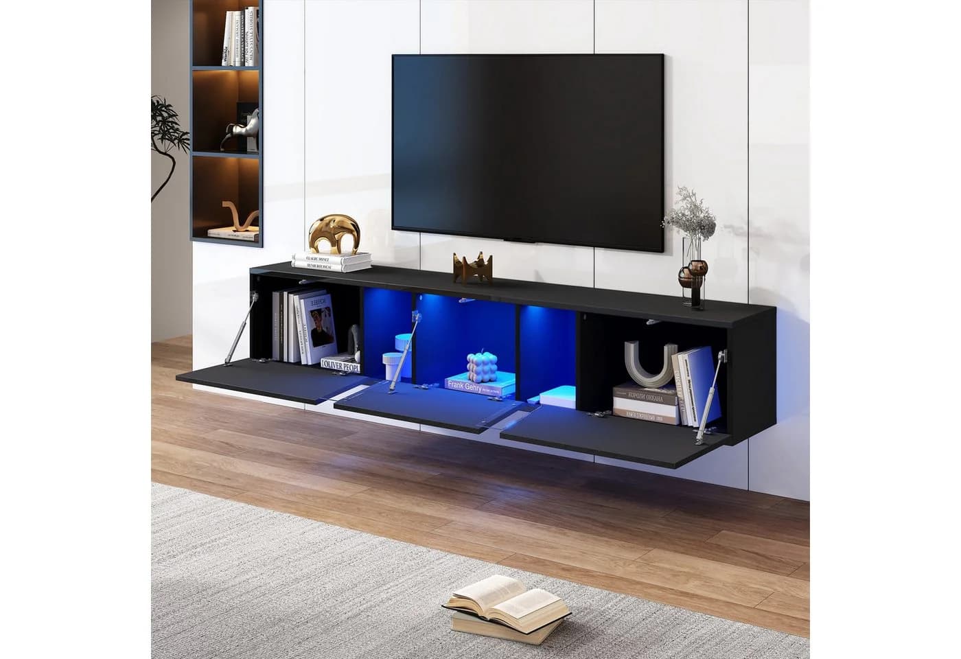Merax TV-Schrank Wandmontage Hochglanz Schwarz/Weiß LED