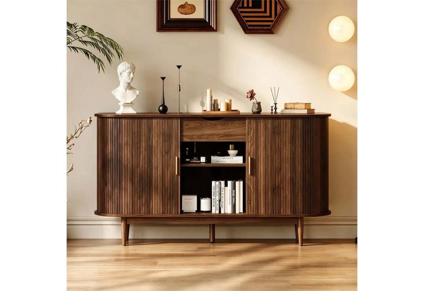 Merax Sideboard Walnussholzoptik 2 Schiebetüren 1 Schublade Retro
