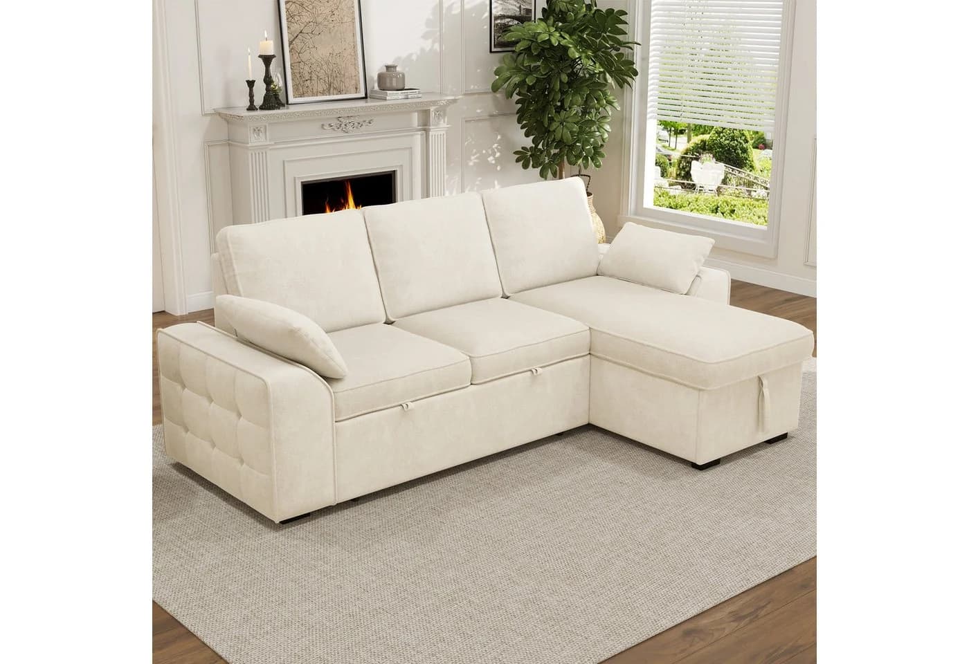 Merax Ecksofa 3-Sitzer Beige/Grau Chenille mit Schlaffunktion & USB