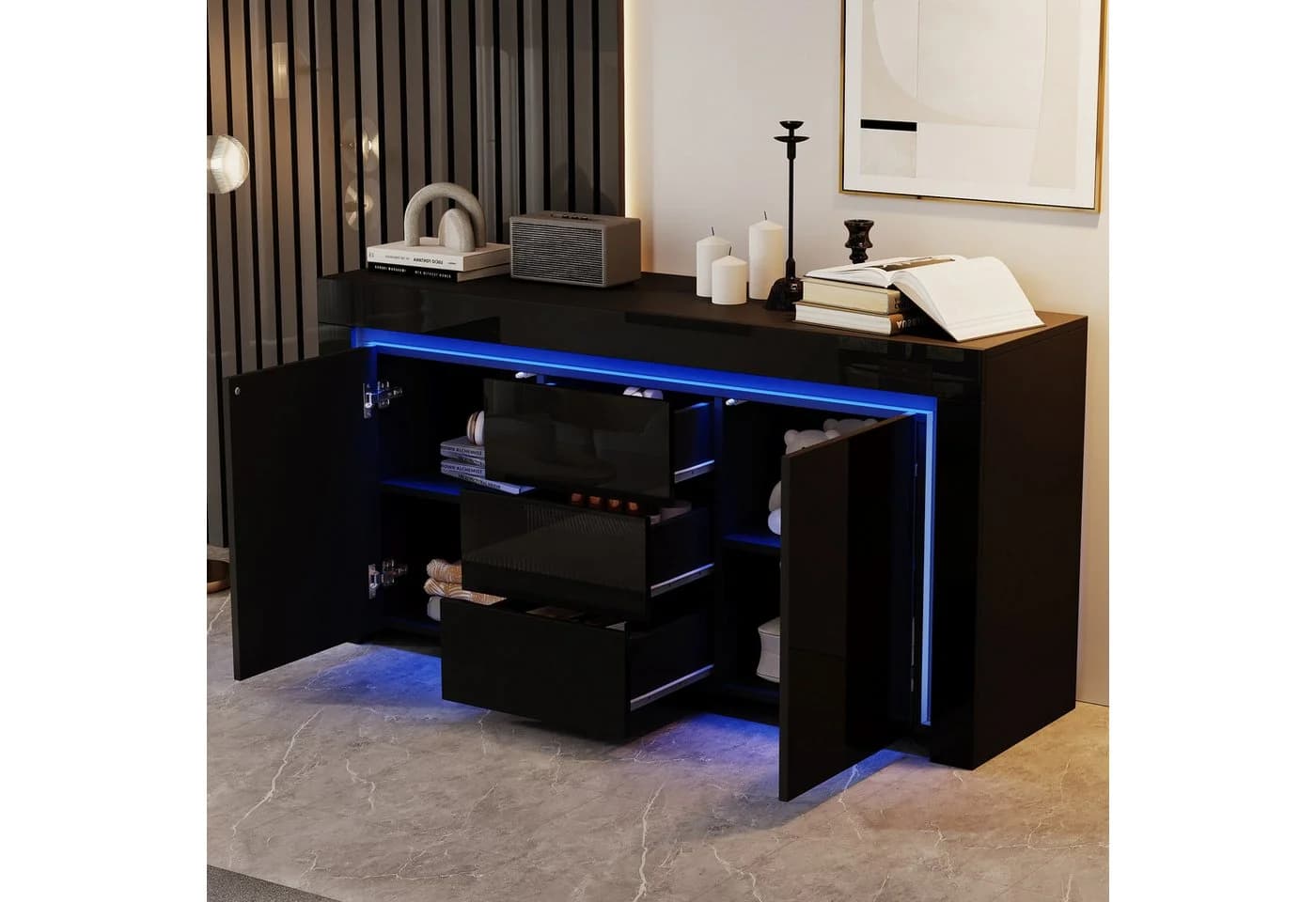 Merax Sideboard Hochglanz mit LED-Beleuchtung Schwarz/Weiß
