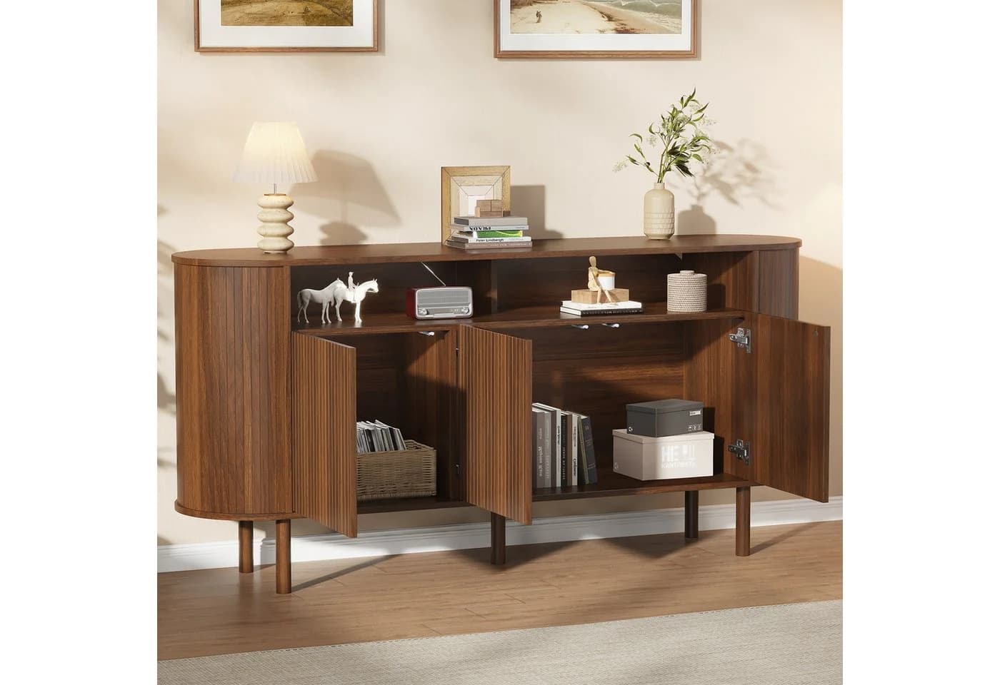Merax Sideboard Nussbaum 3 Wellentüren Massivholzbeine