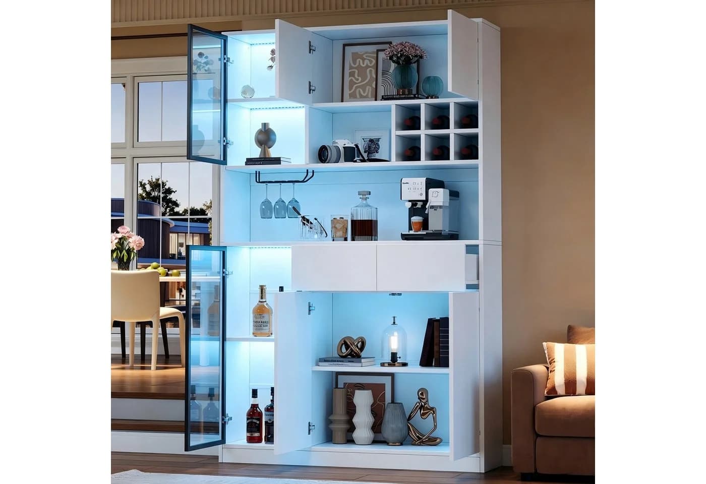 Merax Vitrine Hochschrank 6 Türen Weiß mit LED-Beleuchtung