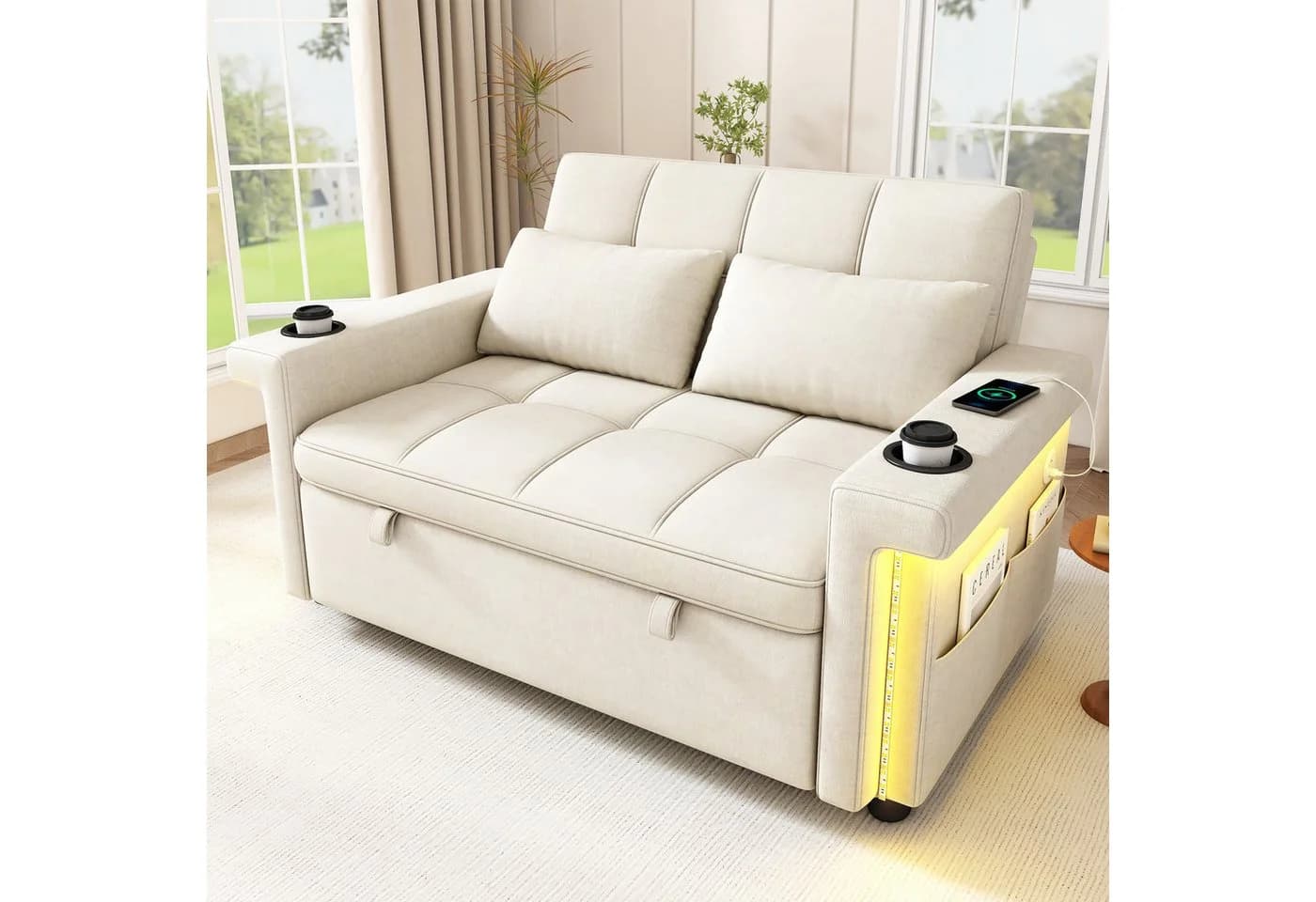Merax Schlafsofa 2-Sitzer Beige/Grau mit Schlaffunktion, LED & USB