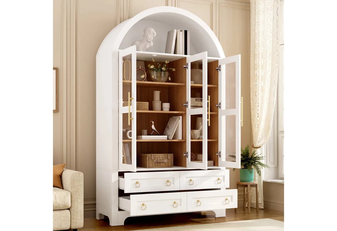 Merax Hochschrank mit 3 Glastüren und 4 Schubladen