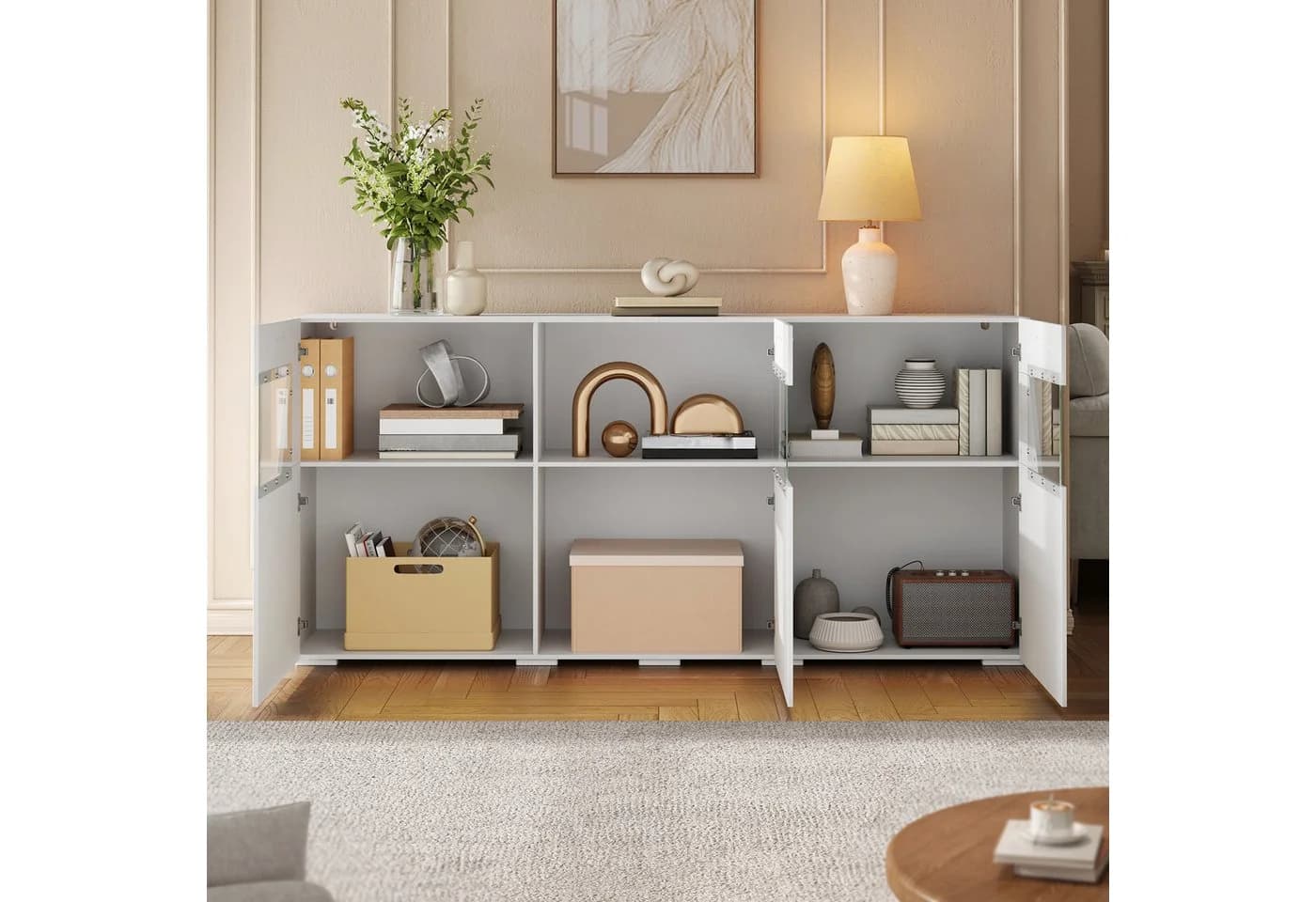 Merax Sideboard 160 cm Weiß/Schwarz mit Glasfront & LED