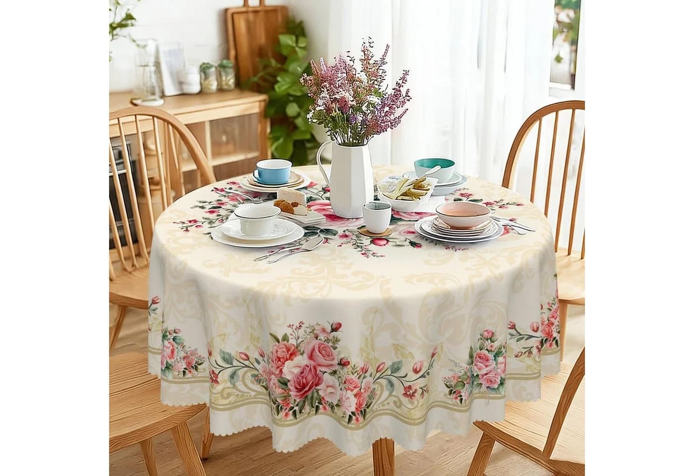 LuxusKollektion Tischdecke Rund 160cm Vintage Rosen Rosa Beige