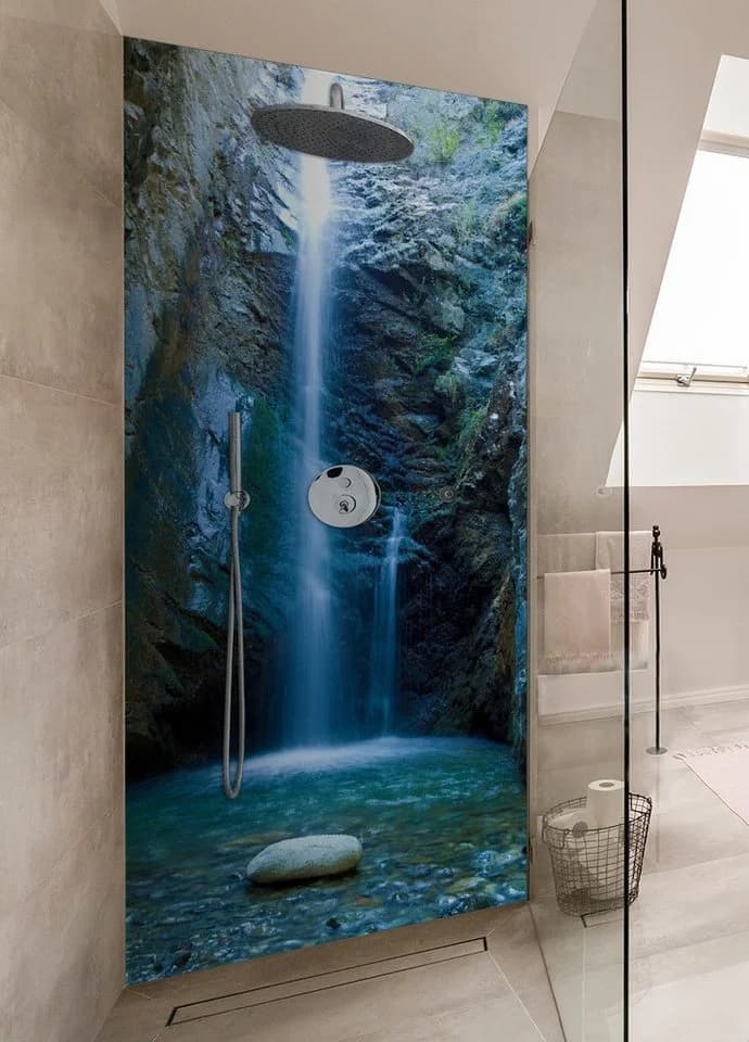 Wallario Duschrückwand Wasserfall Blau Grün Braun Selbstklebend