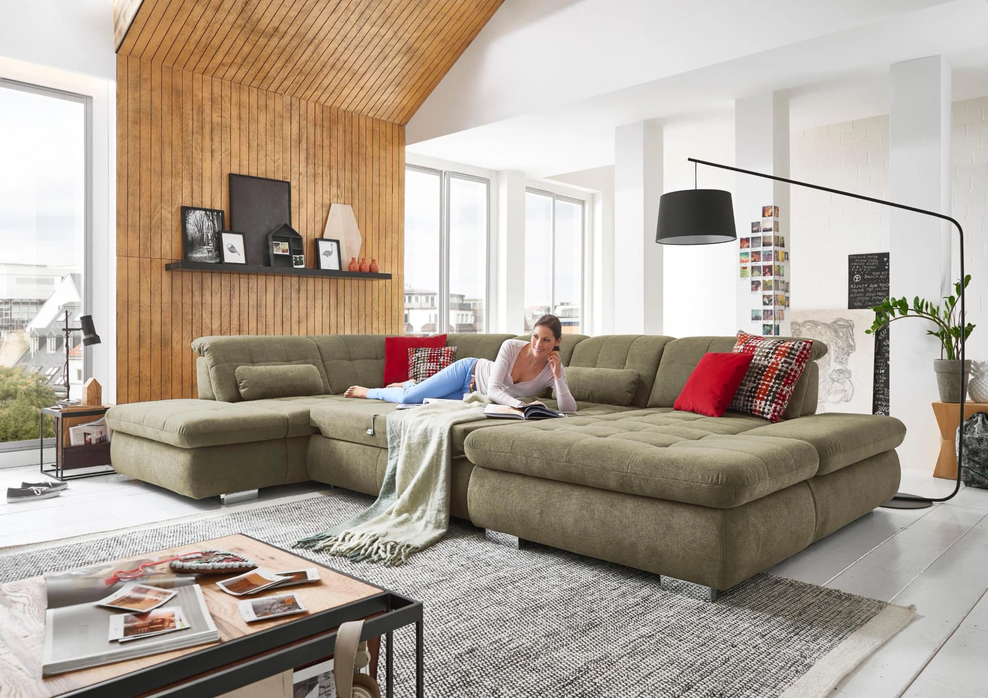 DIE PLANBAR Wohnlandschaft U-Form olive mit Bettfunktion