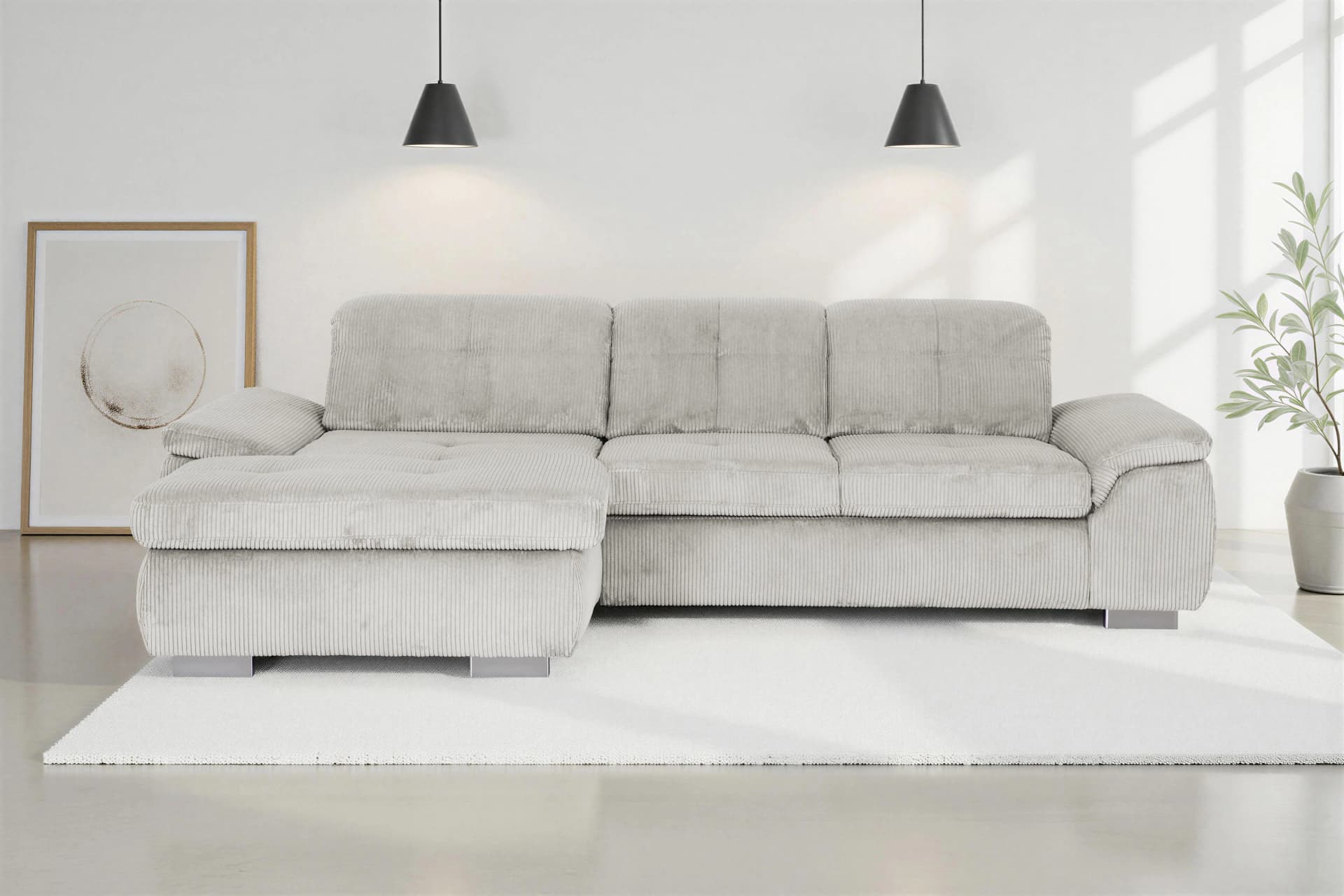 DIE PLANBAR Ecksofa L-Form mit Bettfunktion & Sitztiefenverstellung cord ecru