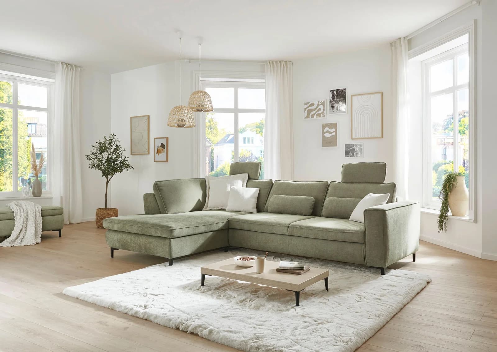 Ecksofa DIE PLANBAR L-Form Grün Chenille mit Recamiere und Kopfstützen