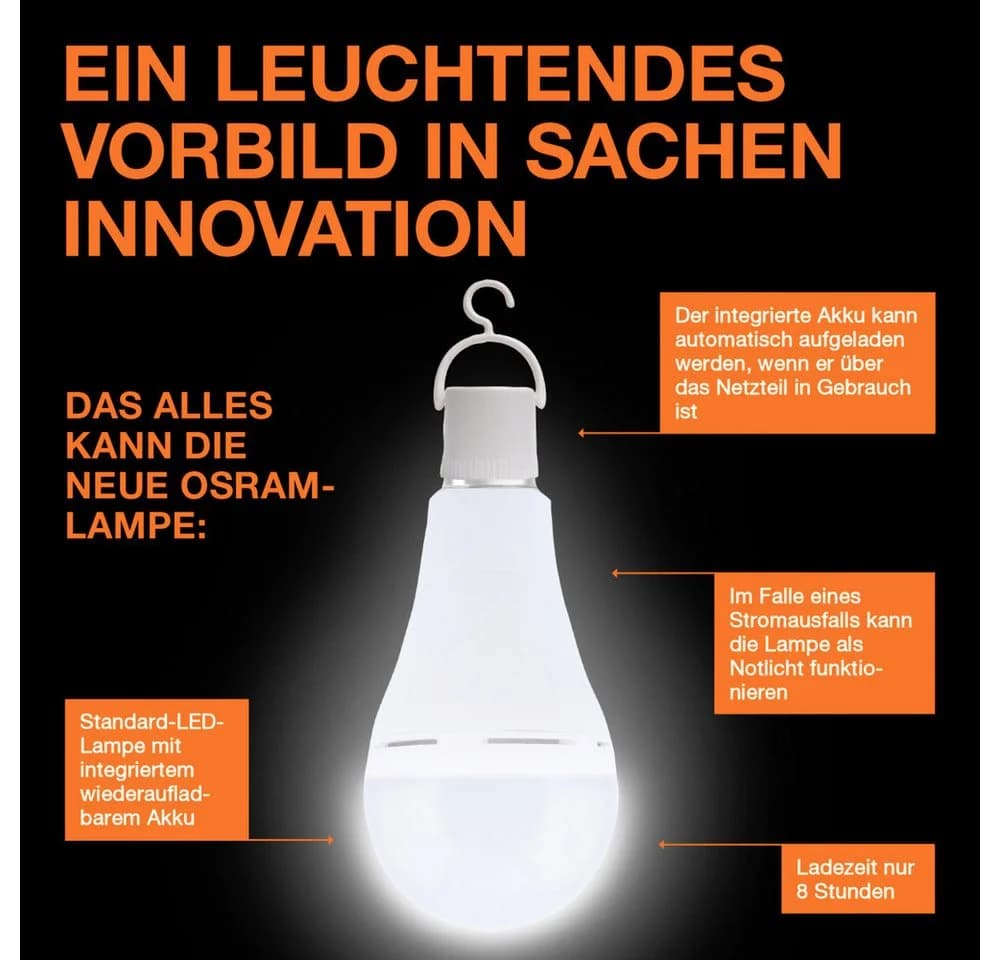 OSRAM LED-Akku-Leuchtmittel Birne E27 8W matt 2700K Notlicht