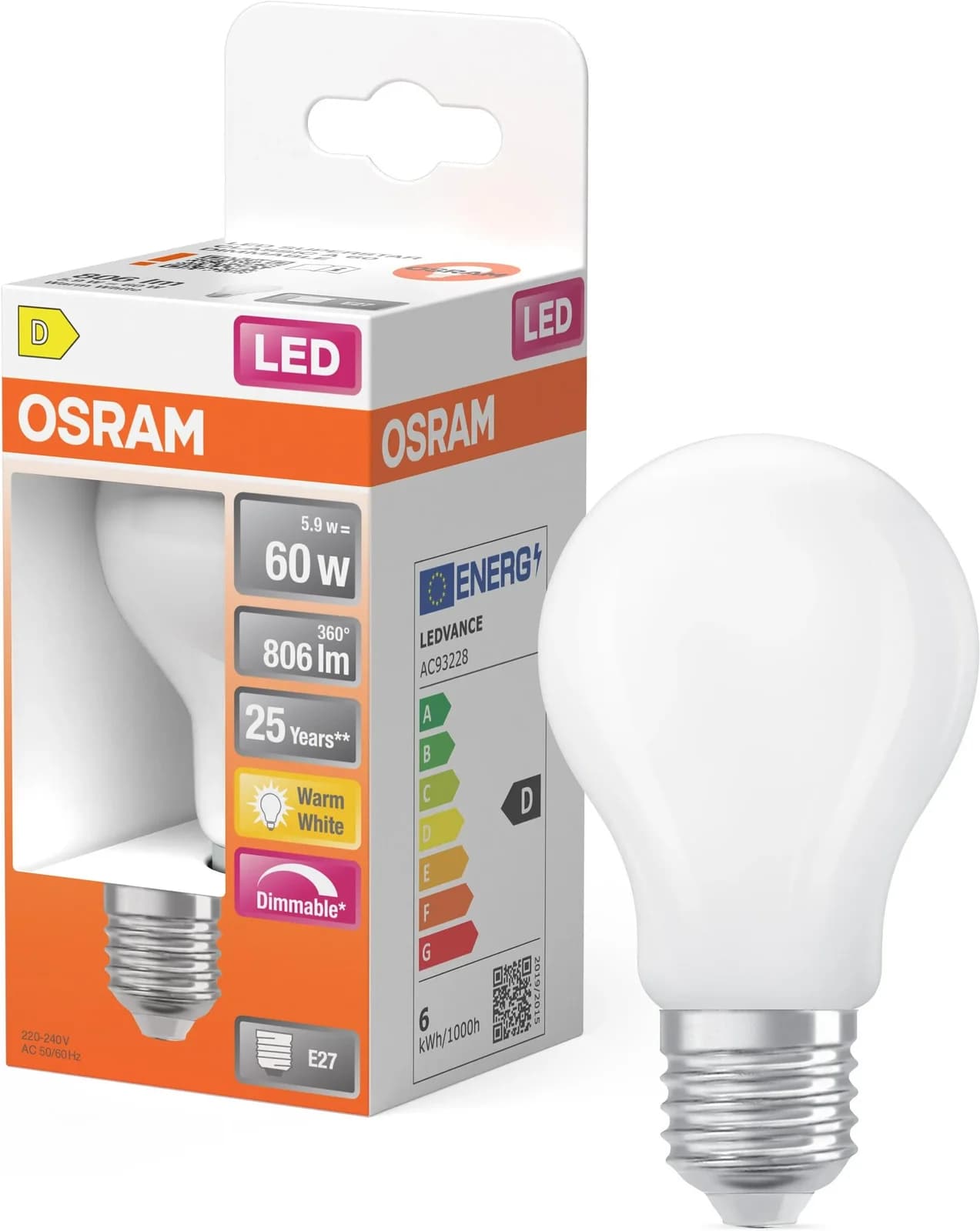 OSRAM LED-Lampe Superstar A60 Warmweiß E27 Dimmbar
