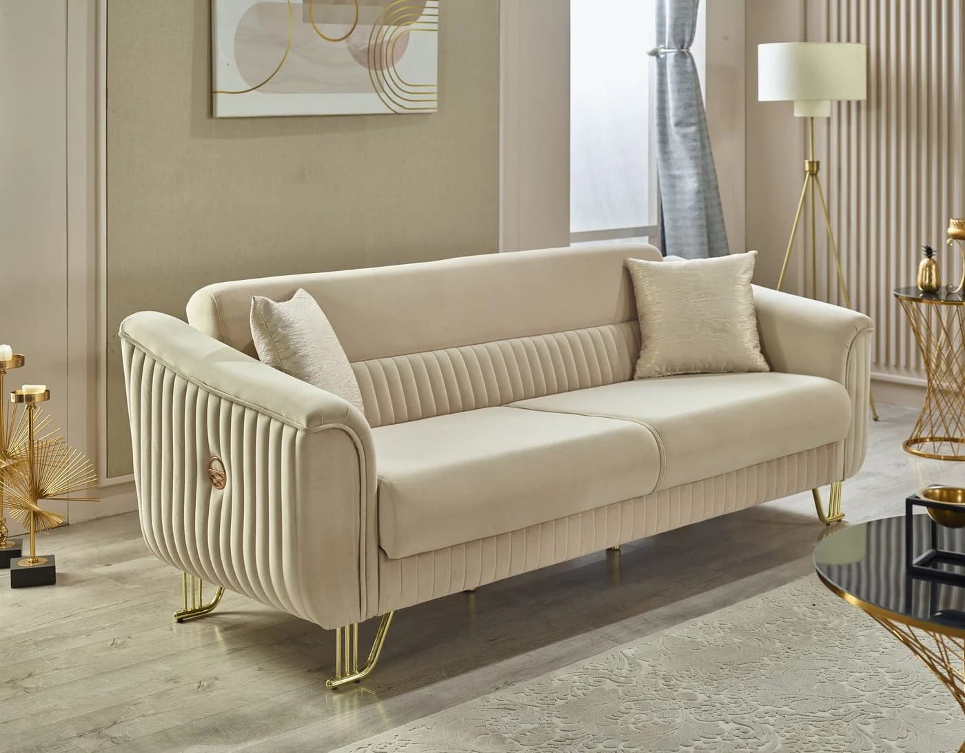 Villa Möbel Polstergarnitur Vega Set Creme Mikrofasersamt Goldfüße