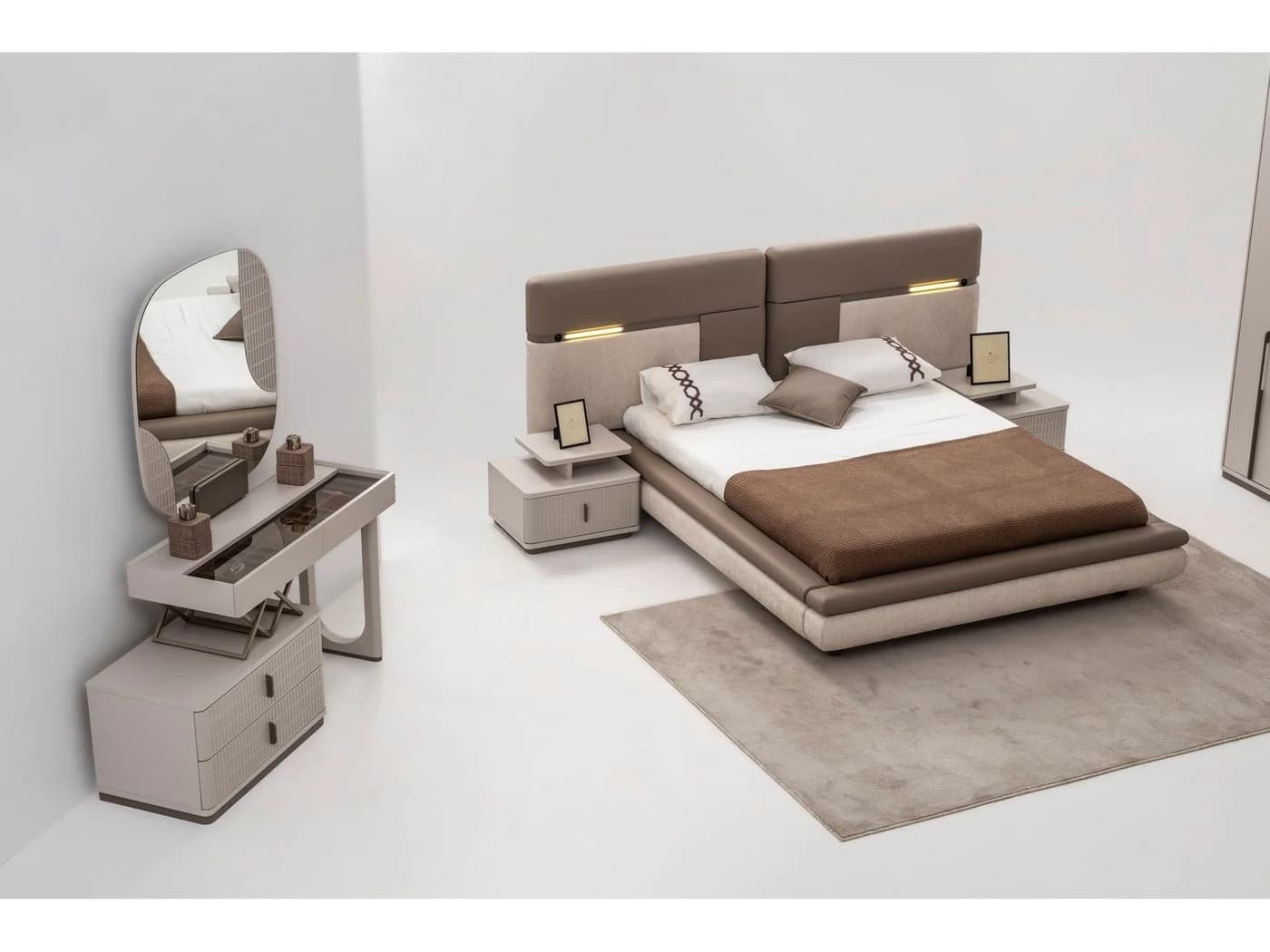 Villa Möbel Schlafzimmer-Set Roenesans 4-tlg. Beige Braun mit LED-Bett