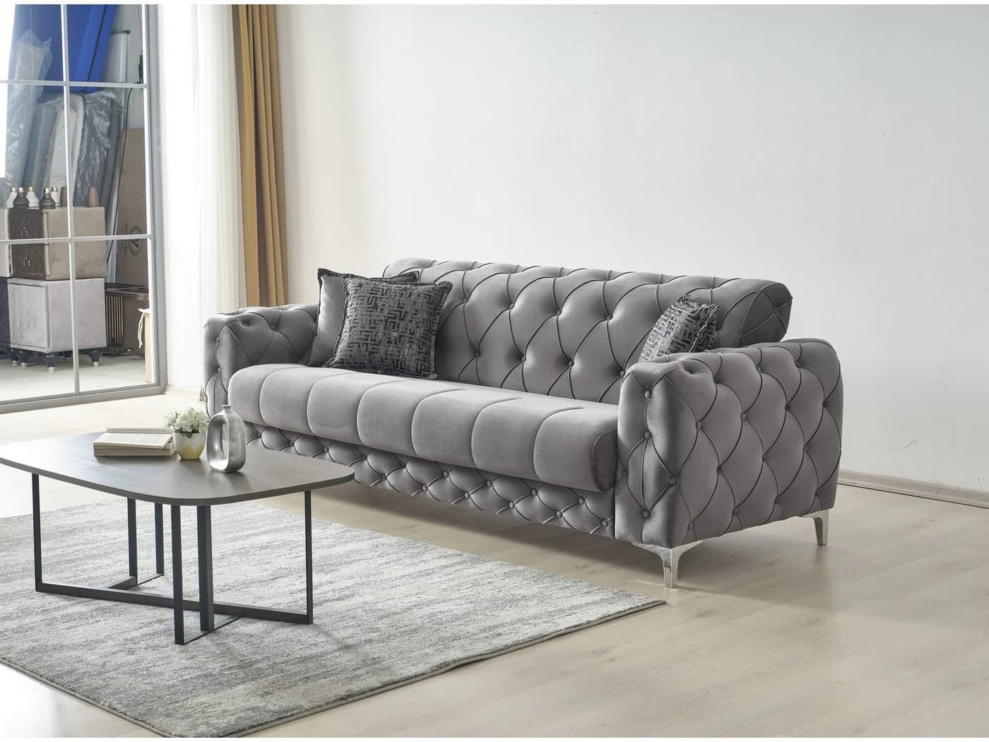 Villa Möbel Polstergarnitur Acelya Grau 3-tlg. Sofa Set mit Schlaffunktion