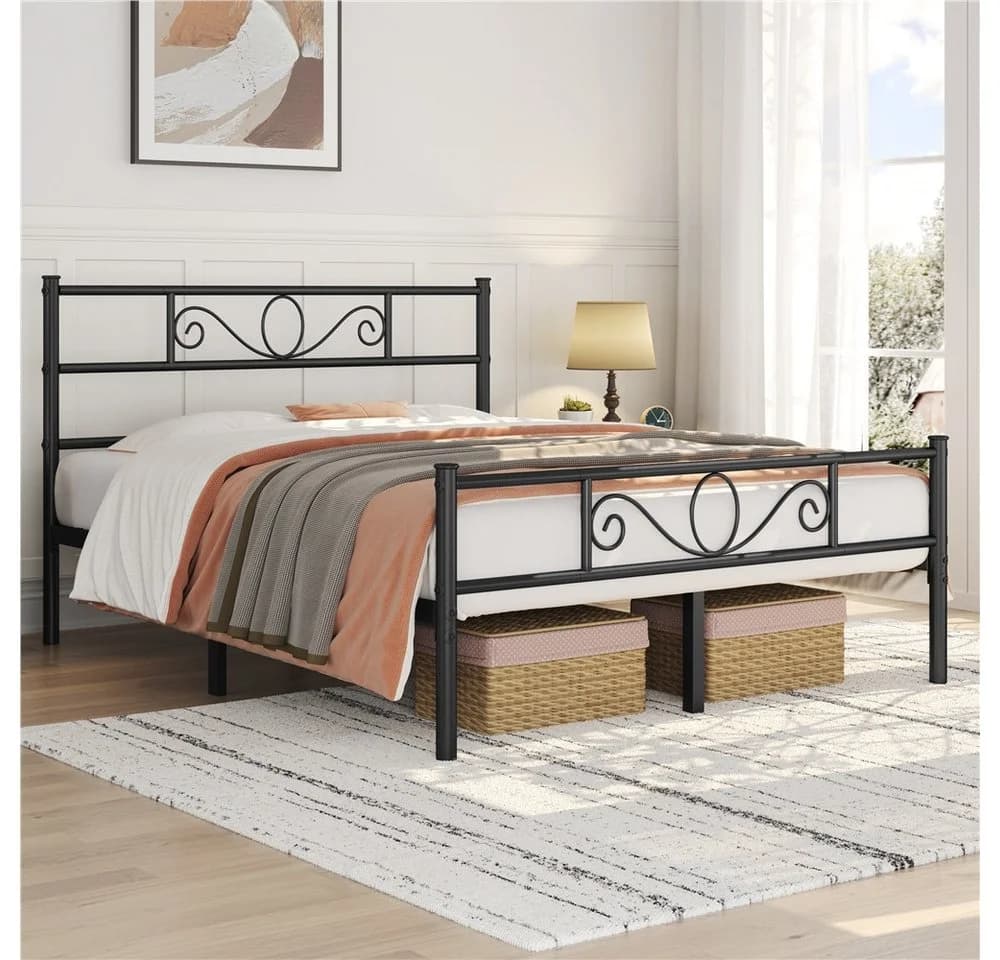 Yaheetech Metallbettgestell mit Kopfteil, Einzelbett/Doppelbett Metallbettrahmen, 90-160 cm (B)