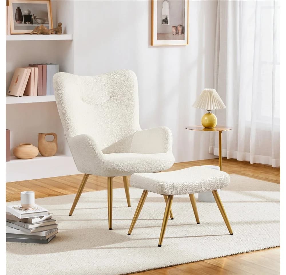 Yaheetech Relaxsessel mit Hocker, Elfenbein, Klappbare Rückenlehne