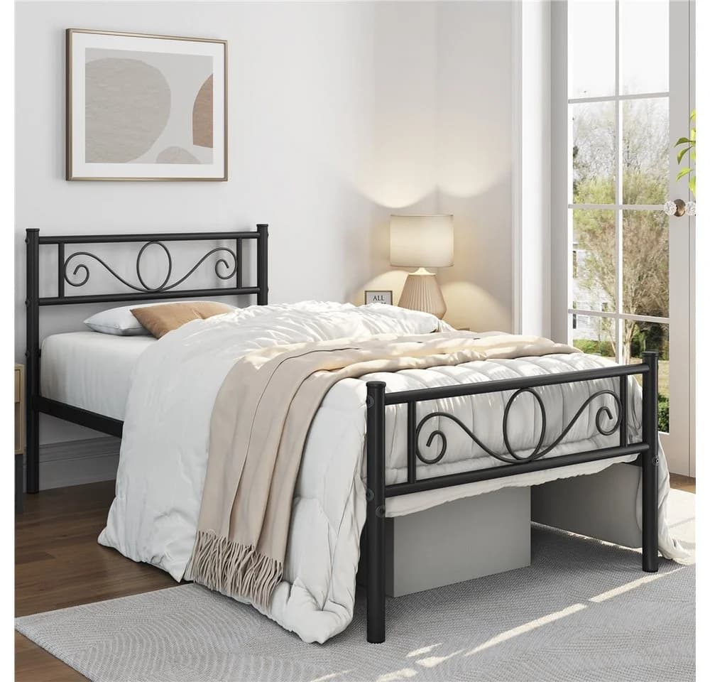 Yaheetech Metallbett mit Kopfteil Schwarz Industrieller Stil