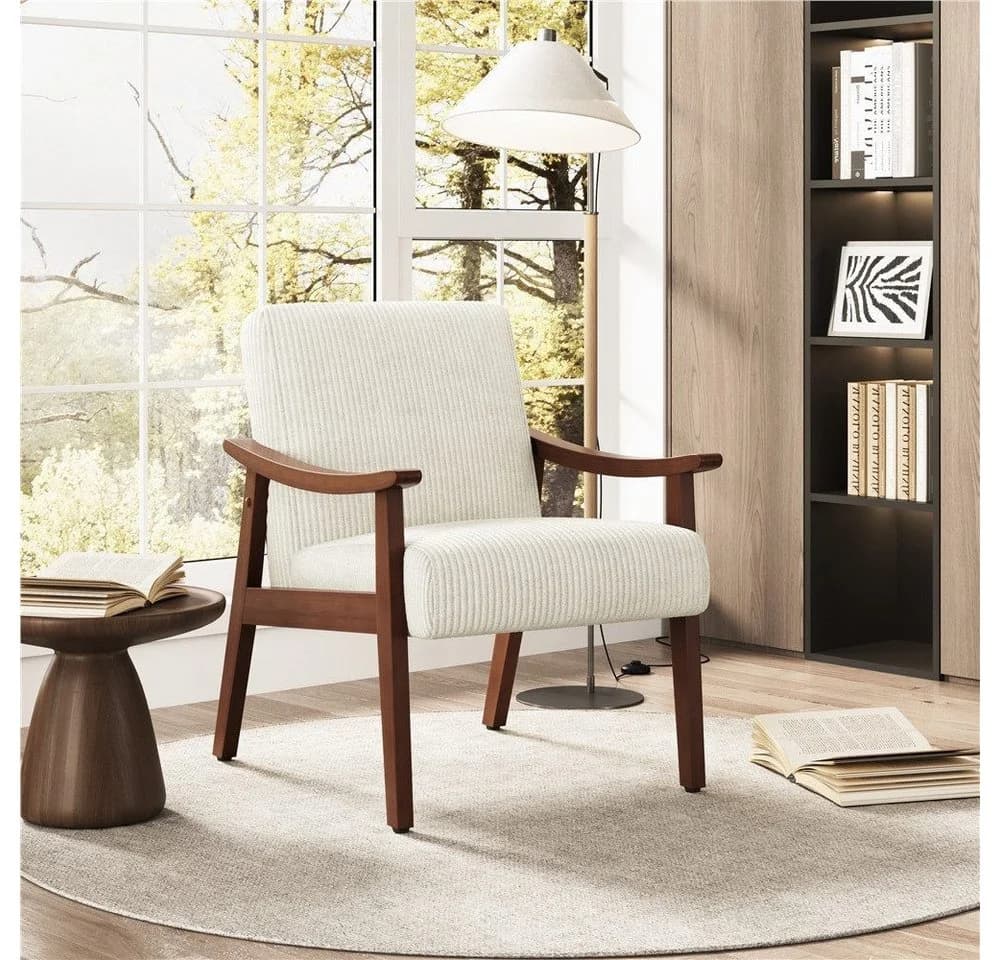 Yaheetech Loungesessel Beige Kordstoff mit Massivholzbeinen