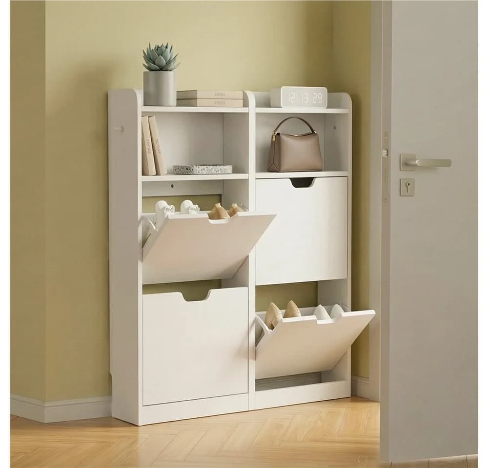 Yaheetech Schuhschrank Schmaler Schuhregal mit 4 Klappen & 2 Ablagefächern & 2 Haken
