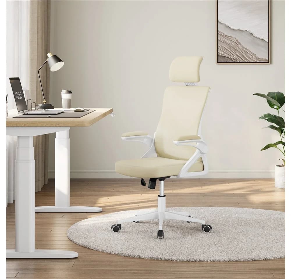Yaheetech Bürostuhl Beige mit verstellbarer Kopfstütze und klappbaren Armlehnen