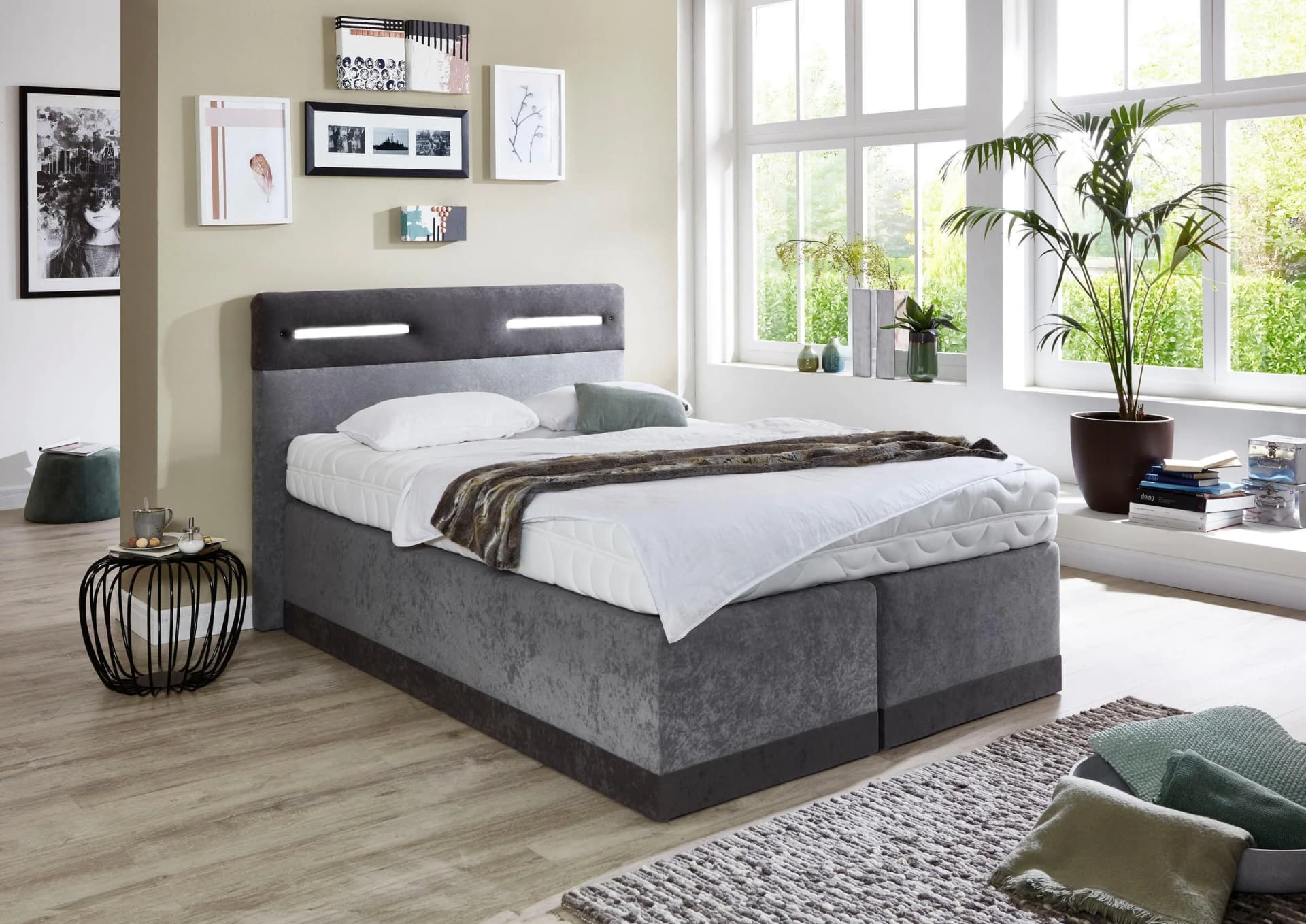 Westfalia Schlafkomfort Boxspringbett Grau LED Beleuchtung 140x200
