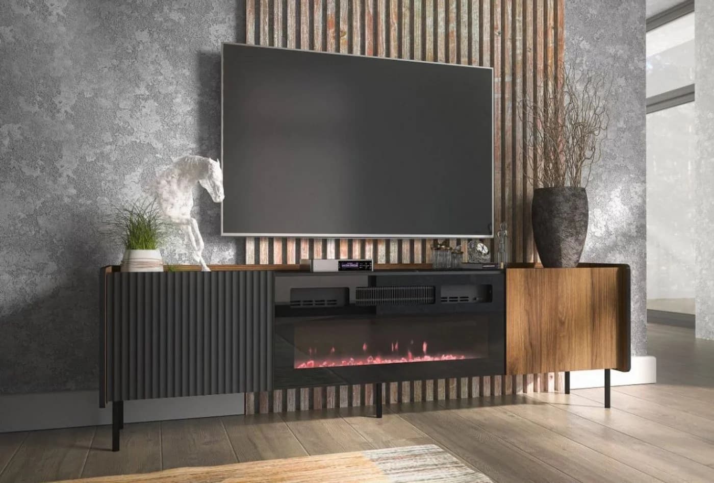 Compleo TV-Schrank Zweitürig mit Elektrischem Kamin COMO, Realistische LED-Flamme Modern Wohnzimmer