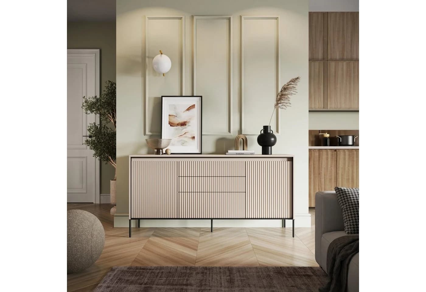Compleo Kommode FLORE Beige mit 3 Schubladen und geriffelter Front