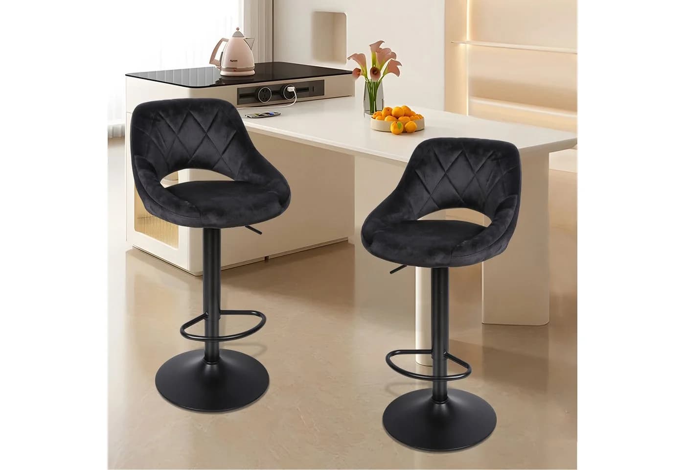 JEOBEST Barhocker Set 2 St. Samt Schwarz Höhenverstellbar