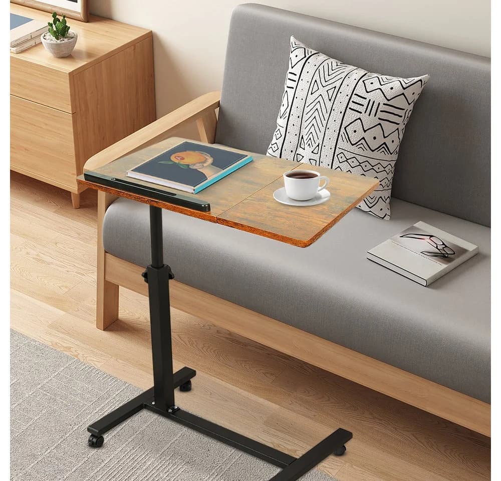 JEOBEST Laptoptisch Beistelltisch Mit Rollen, C-förmiger Couchtisch mit Holzplatte, Höhenverstellbar