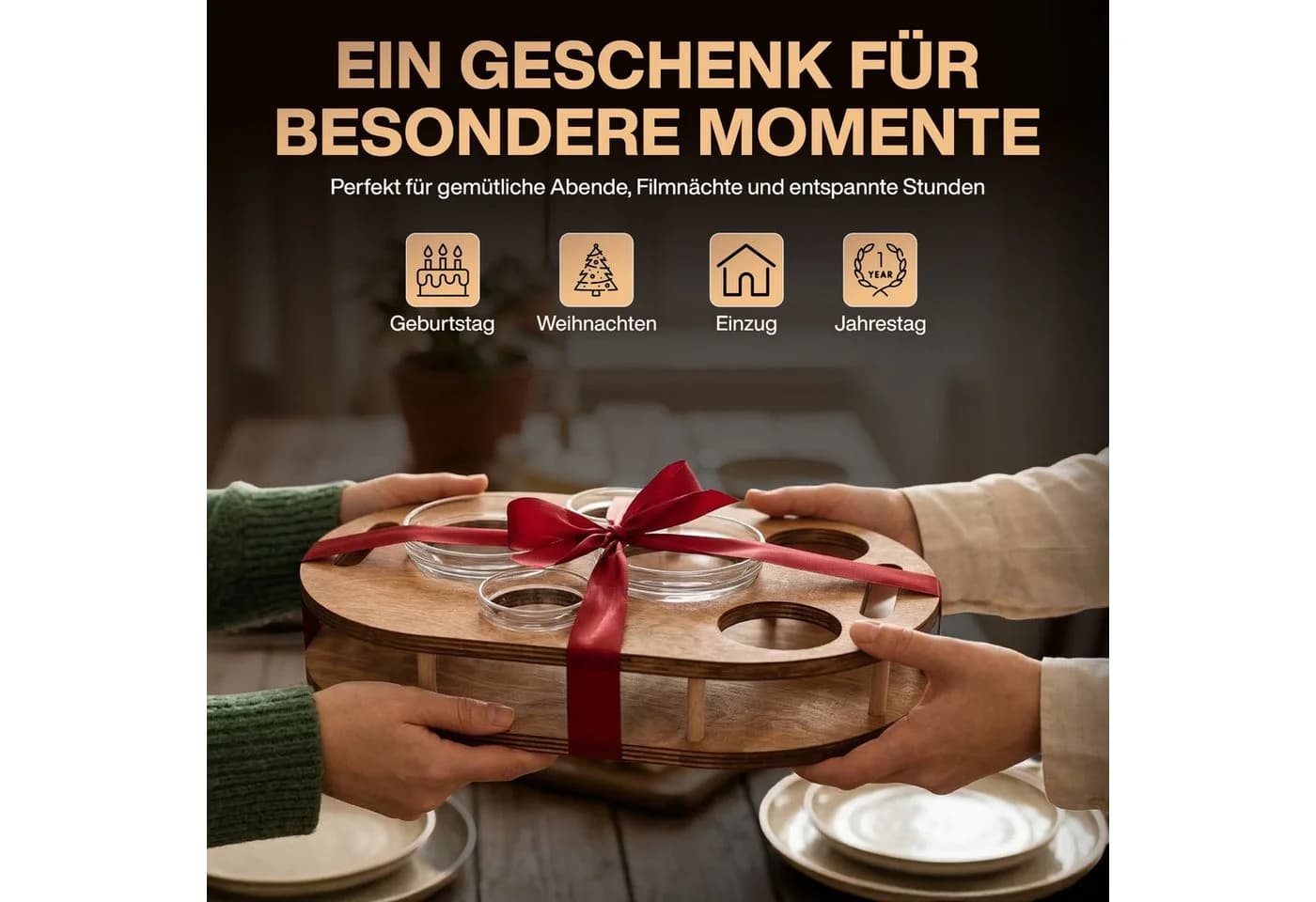PEGSEN Couchbar Snackbox mit 4 Glasschalen Birkenholz Braun