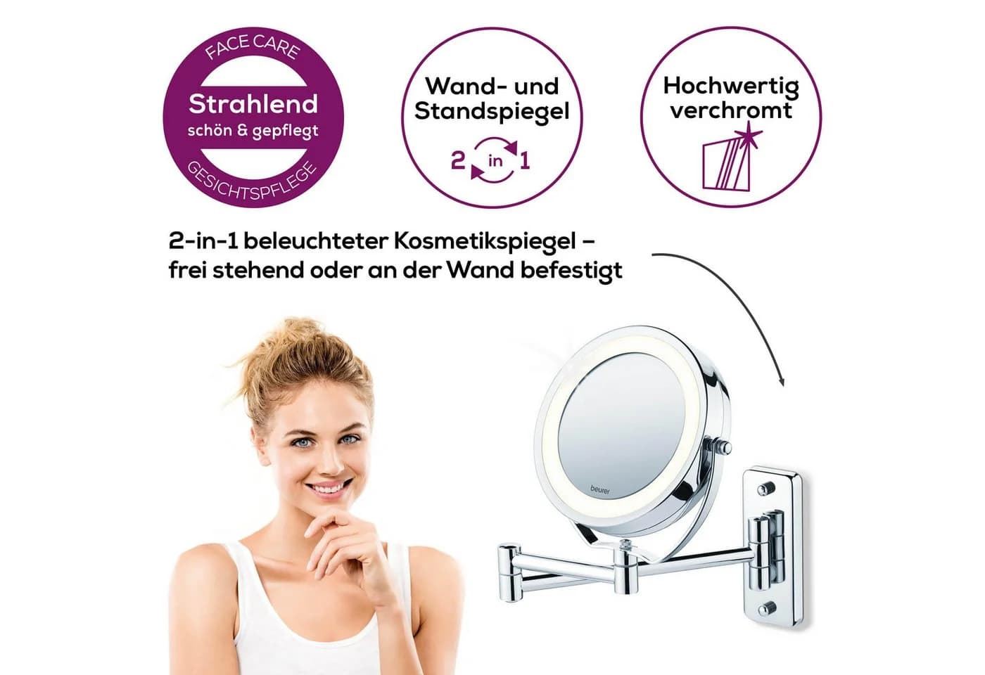 BEURER Kosmetikspiegel BS 59 mit LED-Beleuchtung & 5-fach Vergrößerung