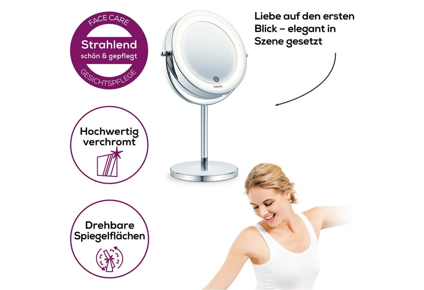 Beurer Kosmetikspiegel BS 55 beleuchteter Kosmetikspiegel mit 7-facher Vergrößerung, Beauty-Spiegel mit LED-Licht und Dimmfunktion, 2 Spiegelflächen