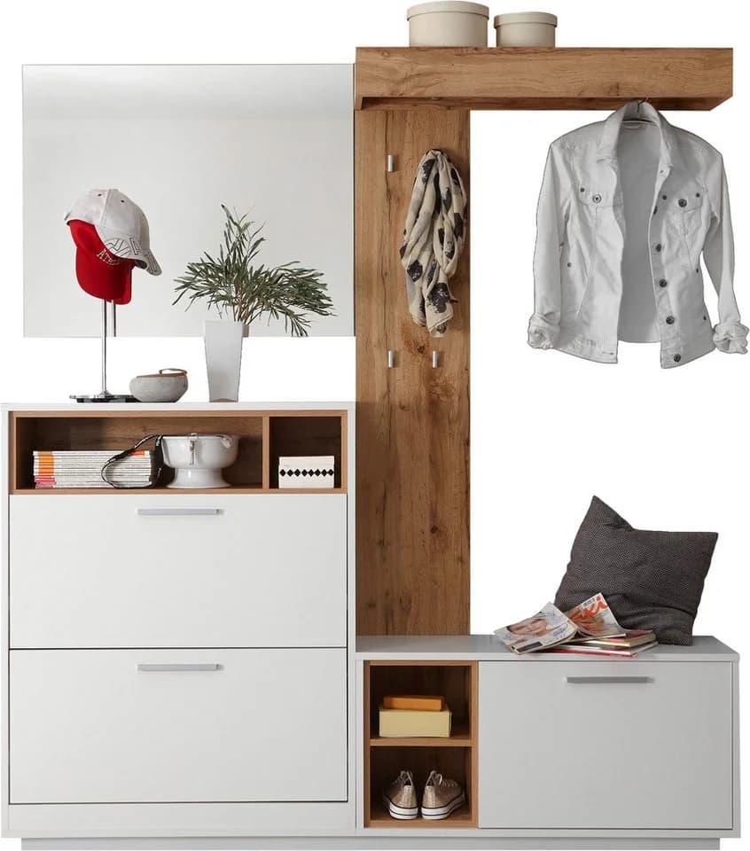 HBZ Milano Kompaktgarderobe mit Spiegel, Bank und Schuhkommode Weiß/Wildeiche