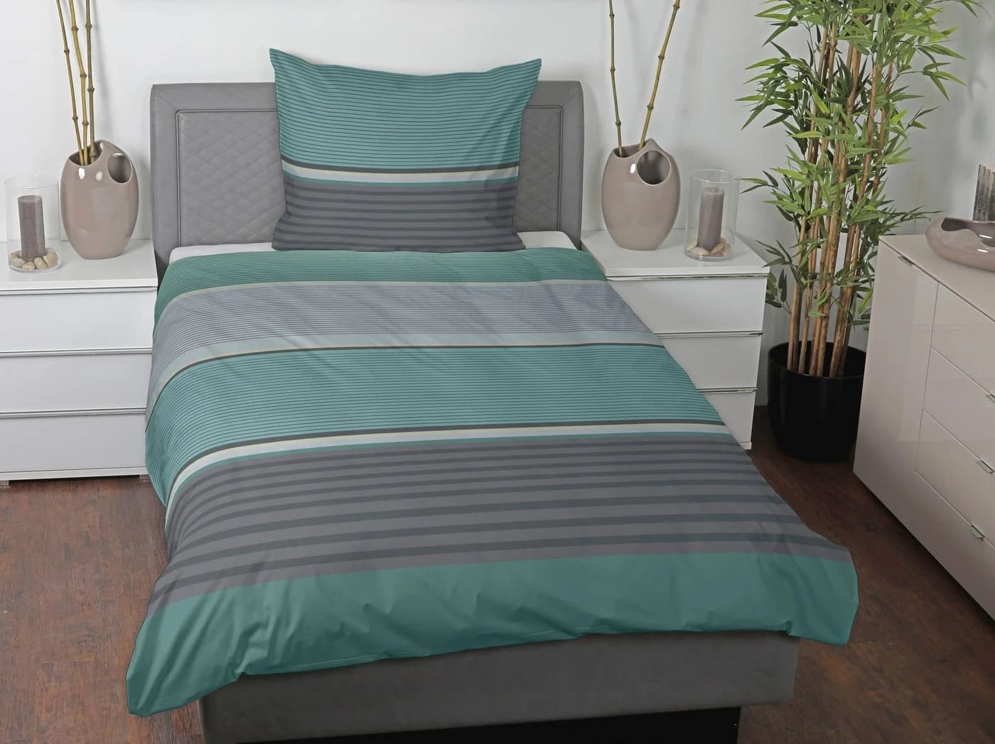 CASATEX Bettwäsche Orsa Satin 100% Baumwolle Grün Silber Gestreift